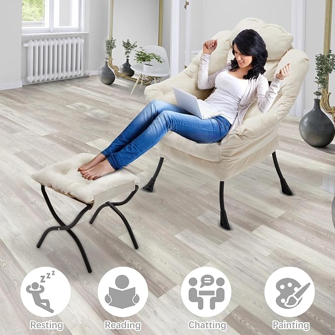 Lazy Chair with Folding OttomanLeisure Sofa ChairSoft Fabric Armchair with Armrests and Side Pockets Reading Chair with Footrest for Living Room Bedroom Office (Plush Beige)