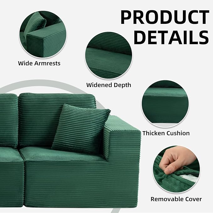 106 Cloud Sectional Couch with Ottoman L Shaped Boneless Couch with Deep Seat 3 Seater Corduroy Modular Sectional Sofa for Living Room No Assembly Required Green