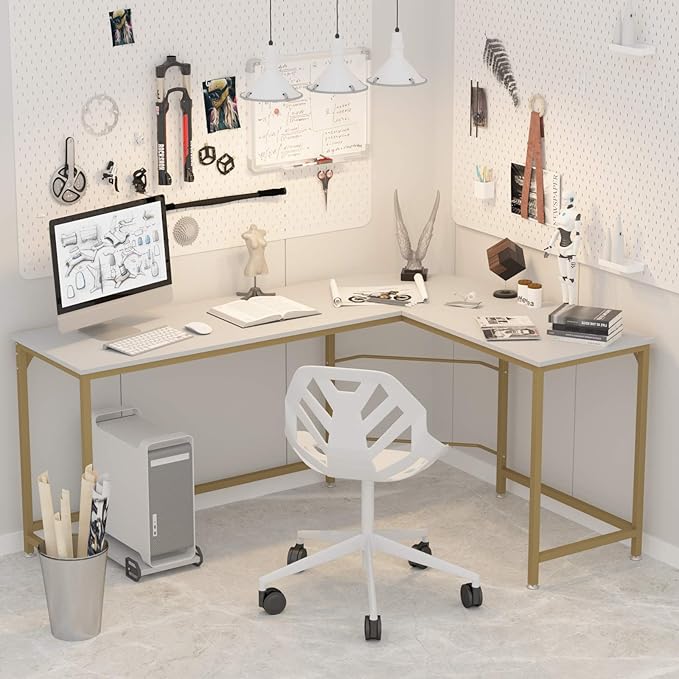 Teraves Reversible L Shaped Desk White - 57.9 Corner Gaming Computer Desk Office Workstation Modern Home Study Writing Wooden Table
