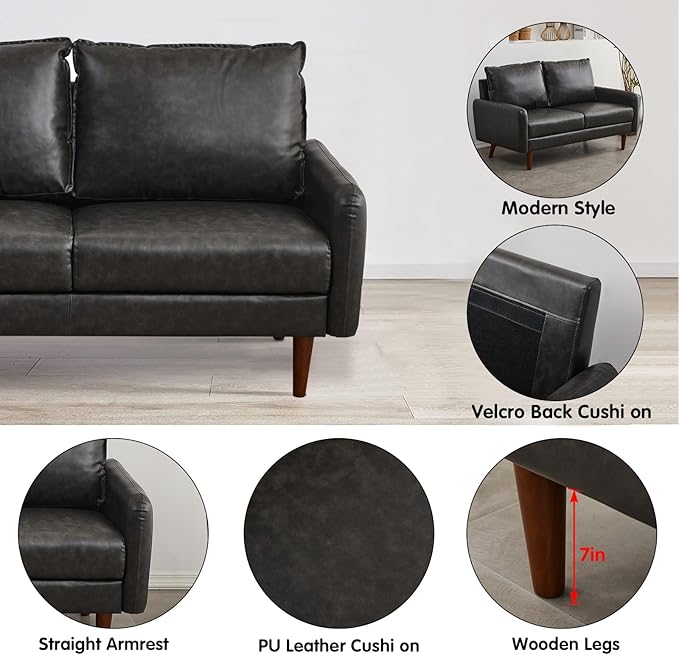 Modern Sofa Faux Leather Couch for Living Room Office Dark Gray