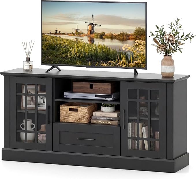 Giantex Farmhouse TV Stand for 65/70 Inch TV Tall Entertainment Center with Storage Cabinets Glass Doors Drawer Removable Shelves Media TV Console Table for Living Room Bedroom (Black)