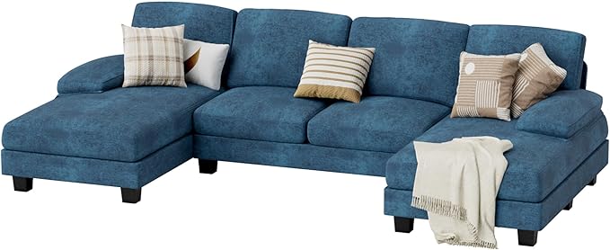 JUMMICO Sectional Couches for Living Room U Shaped Couch with Chenille Fabric 4 Seat Modern Sofa with Removable Pillows for Apartment and Small Space (Fabric Blue)
