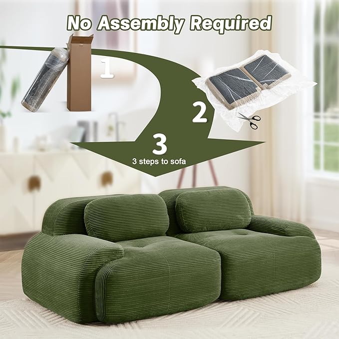 80 Modern Modular Boneless Sectional Couches for Living Room 2 Seater Deep Seat Compressed Sofa Set No Assembly Required Corduroy Fabric Cloud Comfy Loveseat Sofas para Sala Green