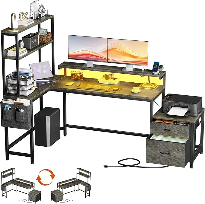 REAHOME 70 Inch L Shaped Desk with File Drawers and Reversible Storage Shelves Computer Desk with Power Outlet &amp LED Strip Home Office Desks Bookshelf Desk Writing Study Desk for Bedroom Grey