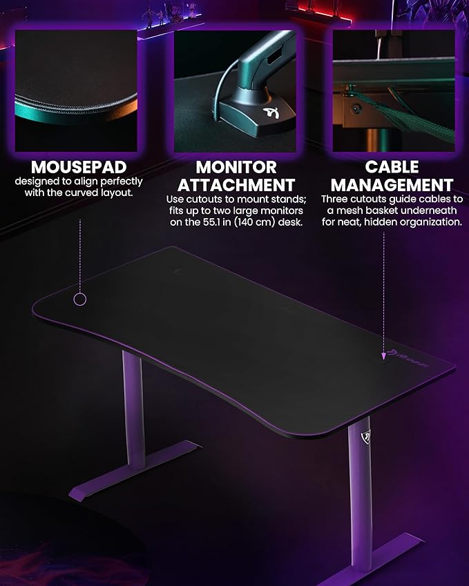 Arozzi Arena Medium Gamer Desk - 55x30” Steel Frame PC Gaming Desk with Storage for Cables &amp Dual-Monitor Support - Full-Surface Washable Mousepad - Purple