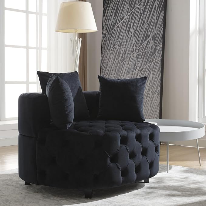 Round Accent Chair 40” Modern Velvet Sofa Chair with 3 Pillows Comfy Upholstered Tufted Club Lounge Chair for Living Room Bedroom Black