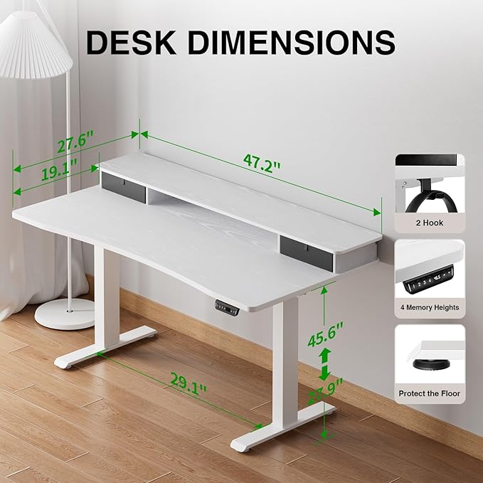 Veken 47.2×27.6 Home Office Standing Desk with Monitor Riser Adjustable Computer Desk with Drawers Ergonomic Desk for Work Study Gaming Crafting White