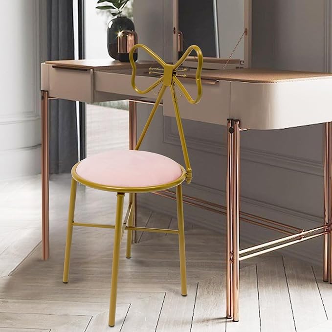 Small Cute Vanity Chair Knot Backrest Vanity Stool with Back Modern Makeup Chair Gold Lounge Chair for Living Room Bedroom Kitchen (Light Pink)
