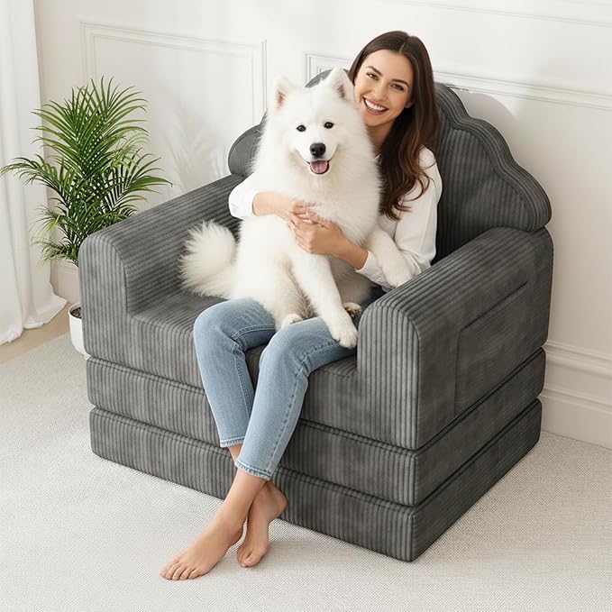 Folding Sofa Bed with Back Support 2-in-1 Convertible Futon Sleeper Chair for Adult 75 D x 34 W Fold Out Bean Bag Floor Foam Lounger Couch for Living Room Bedroom Small Space Grey