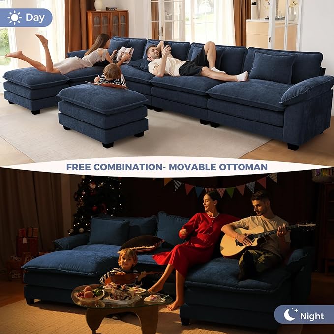 CDCASA 120 Modular Sectional Sofa Comfy Cloud Couch with 3 Movable Ottomans Oversized 6-Seater Chenille Deep Seat Sofa Bed for Living RoomBedroom Blue
