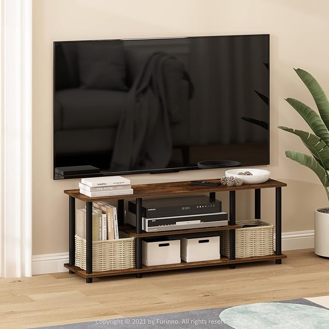 Furinno Turn-N-Tube No Tools 3D 3-Tier Entertainment Stand up to 50 inch TV Amber Pine/Black