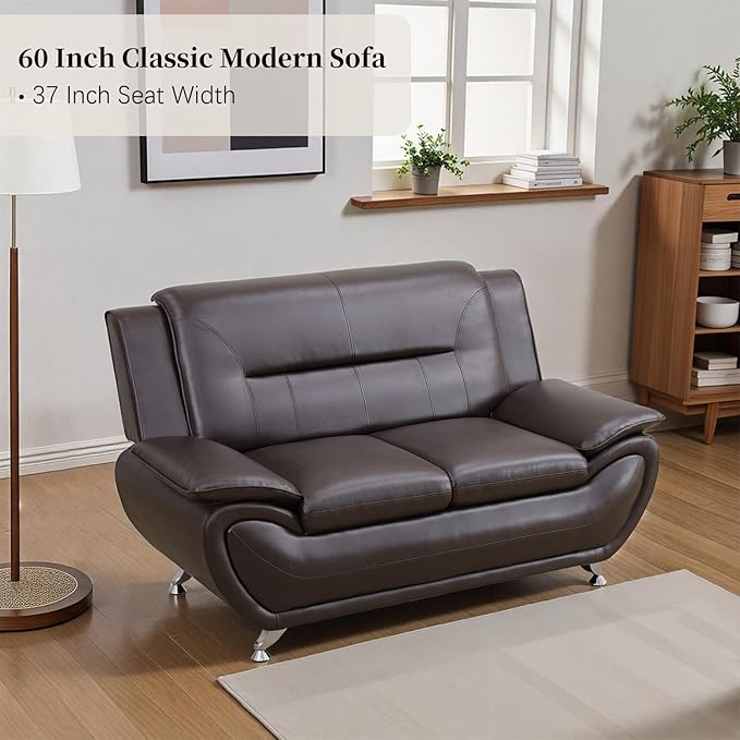 Modern Sofa and Loveseat Set Faux Leather 3 Seater Sofa 2 Seater Loveseat Button Tufted Seat Cushion Sectional Couches Living Room Furniture SetsBrown