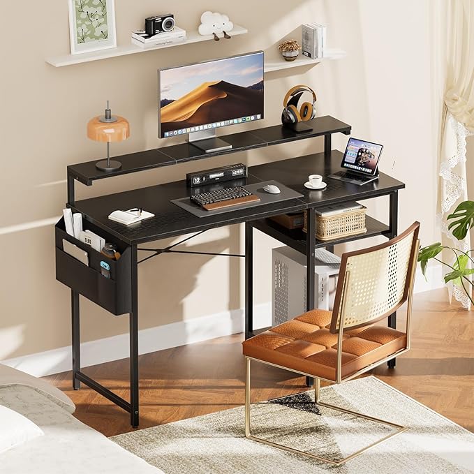 HLDIRECT Computer Desk with LED Lights 47Inch Gaming Desk with Monitor Stand &amp Side Storage Shelves Writing Study Table with Storage Bag for Home Office and Bedroom Black