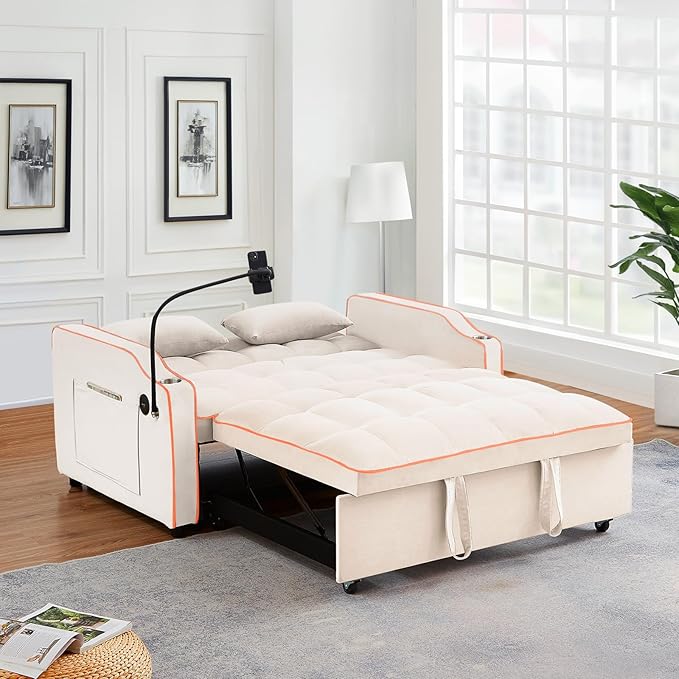 Pull Out Sofa Bed with Phone Holder Convertible Velvet Loveseat Sleeper with 2 USB Charging Ports Modern Futon Couch with Cup Holders and Adjustable Backrest Small Love Seat for Living Room Beige