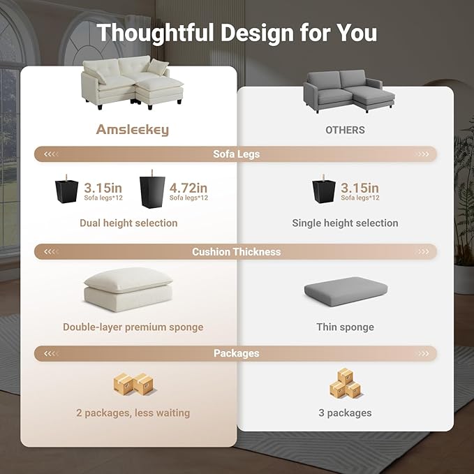 Modular Sectional Sofa 76.5 L-Shaped Chenille Comfy Sectional Couches for Living Room 2-Seater Cloud Couches with 1 Movable Ottomans Flexible Combination Modern Deep Seat Sofa (Beige)