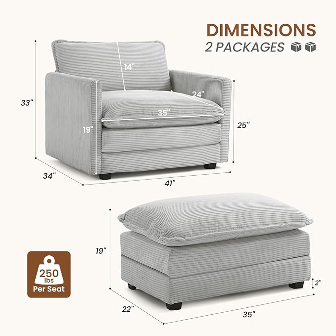 ROWHY Single Armchair with Ottoman Modern Corduroy Cloud Couch with Convertible Chaise Upholstered Sofa Set for Living Room Light Grey