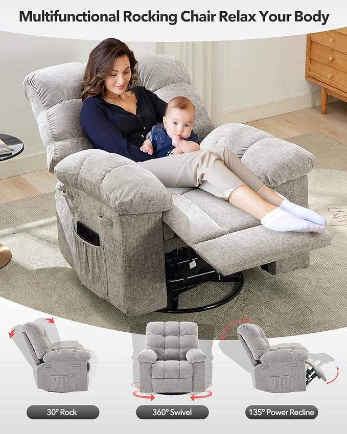 Rocking Recliner Chair 360° Swivel Glider Rocker Chair for Living Room &amp Nursery Upholstered Fabric Single Sofa with Side Pockets Heavy-Duty Steel Frame Lazy Recliner for Small Spaces Gray