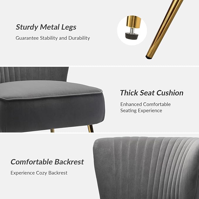 HULALA Home Velvet Accent Chair Set of 2 Modern Armless Upholstered Side Chair with Glam Gold Metal Legs for Vanity Living Room Bedroom - Grey