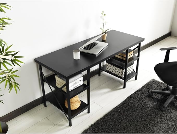 Furnish Home Store Buket Metal Frame 60 Extra Wide Wood 4 Shelves Writing and Computer Desk for Home Office Black Solid Wood Black 4 Shelves Home Office Durable