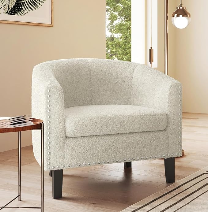 BELLEZE Accent Barrel Chairs Set of 2 Modern Tub Club Chairs Upholstered Armchairs for Living Room Accent Chairs with Silver Nail Head Trim Black Legs - Kyara (White/Polyester)
