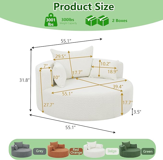 55.1 W Oversized Swivel Accent Chair Large 360° Rotating Barrel Chair with 6 Pillows Comfy Chenille Round Swivel Armchair for Living Room Bedroom Beige