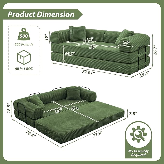 78 Convertible Sleeper Sofa Bed with Cylindrical Pillow Corduroy Folding Mattress Couch with Fixed Frame Floor Sofa Lounge Couch for Living Room Bedroom Apartment Army Green