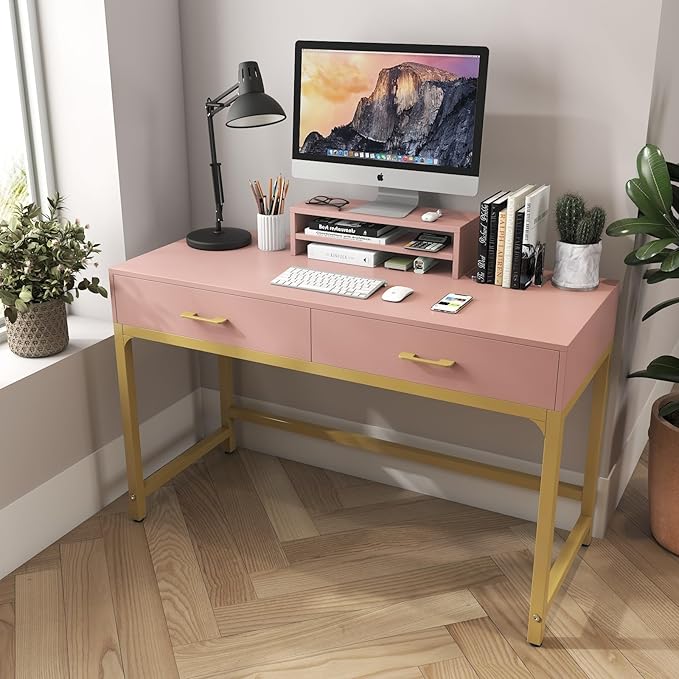WESTREE Women Makeup Vanity Desk with 2 Drawers - Bedroom Home Office Desk Wooden Height Monitor Stand &amp Storage Shelf Without Mirror Pink Table Great Gift for Her