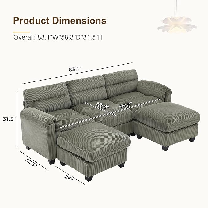 87 Modular Sectional U Shaped Sofa with 2 Movable Ottoman Corduroy 5-Seater Couches with Thick Cushion for Living Room Green