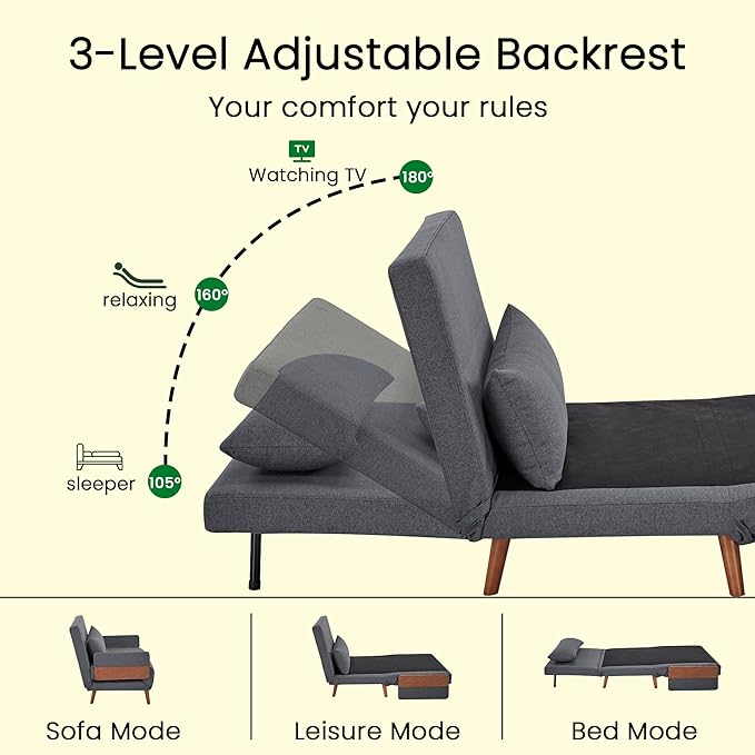 3-in-1 Convertible Sofa Bed Futon Loveseat Couch with Pillow Adjustable Backrest and Removable Armrests Recliner Sleeper Sofa for Small Spaces Living Room Bedroom or Office Dark Grey