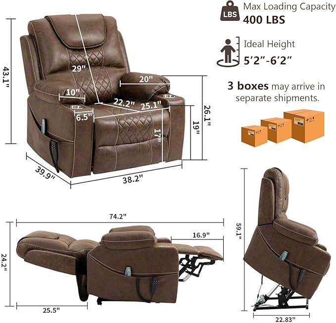 Oversized Power Lift Recliner Chair for Big and Tall 400 LBS Dual Motor Electric Recliner with Heat &amp Massage Zero Gravity Leather Sofa Chair for Living Room Home Theater Coffee Brown