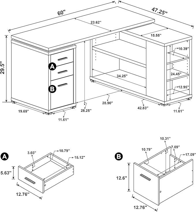 Coaster Home Furnishings - Yvette - Engineered Wood - 3-Drawer Computer Desk with File Cabinet and L-Shaped Desk with 5 Adjustable Compartments - Home Office - 60-Inch - Grey Driftwood - 801516