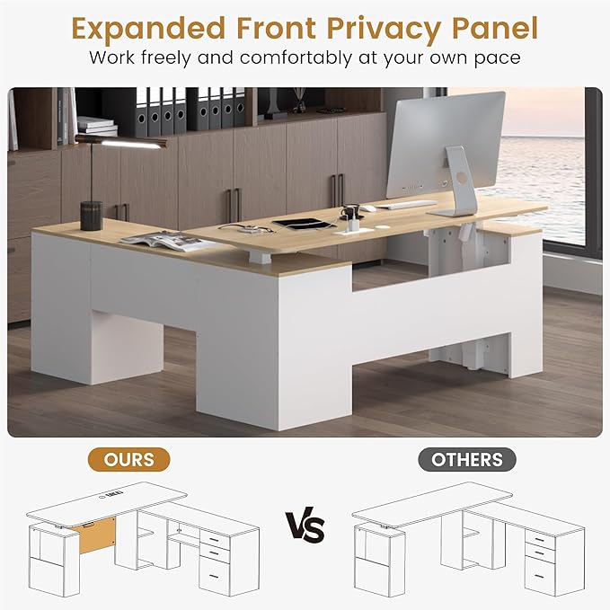 JOMEED 63 L Shaped Electric Standing Desk with Storage Executive Adjustable Height with Power Outlets and Privacy PanelOak and White