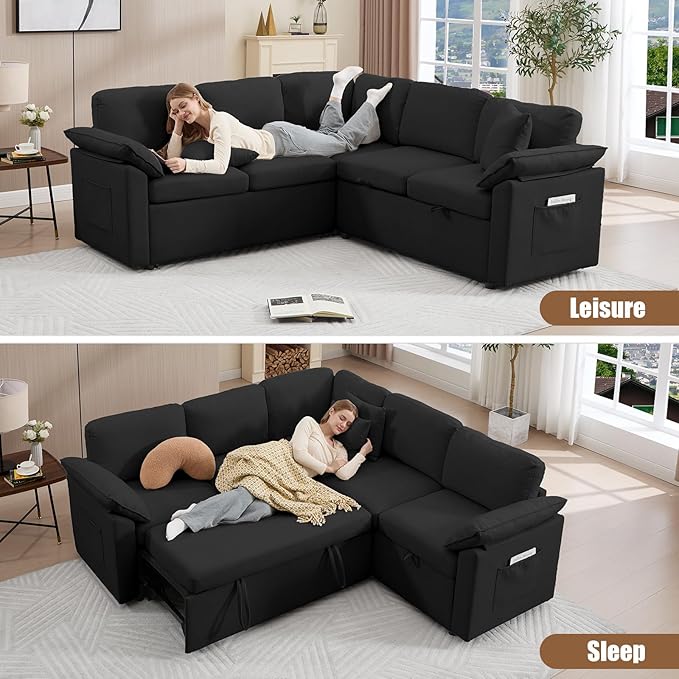 85 Modular Sectional Sofa with Pull Out Bed L Shaped Couch with Storage 5-Seater Sleeper Sofa Sectional Couches for Living Room Cloud Modular Couch with Removable Sofa Cover