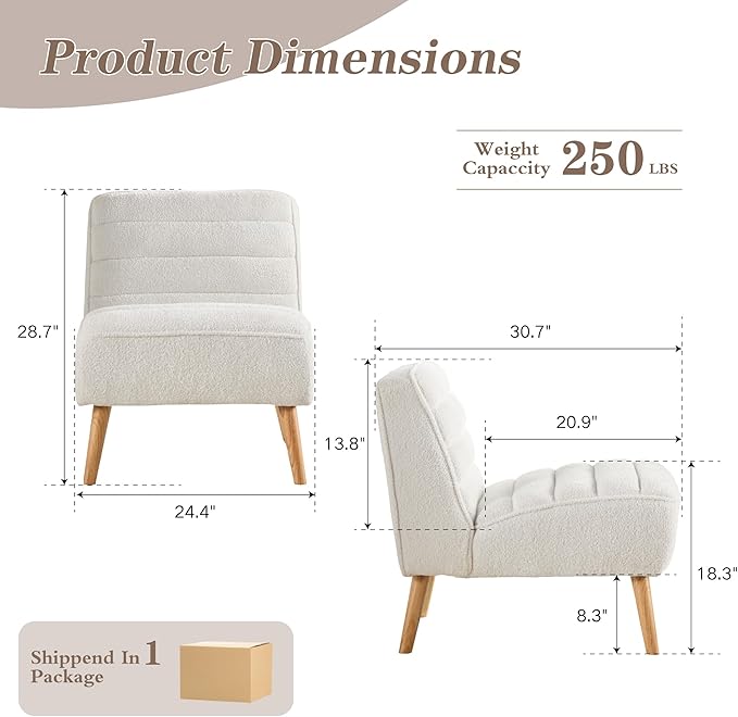 Mlmh &amp Kngwa 24.4 W Mid Century Modern Accent Chair Armless Accent Chairs Comfy Upholstered Reading Chair Chenille Vanity Chair for Living Room Bedroom Ivory