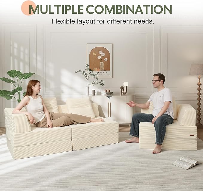 COMAX Futon Sofa Bed 3 Seater 106 Convertible Sofa Bed Couches for Living Room 4 in 1 Folding Boneless Sleeper Corduroy Couch Foam in a Box Comfy Foldable Lounge Fold Out Floor Mattress Beige