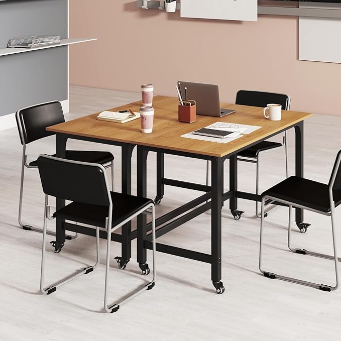 COSTWAY 48” Mobile Computer Desk Home Office Desk on Wheels Simple Study Writing Table with 4 Lockable Wheels Metal Frame Rolling Laptop PC Table for Small Space (Natural)