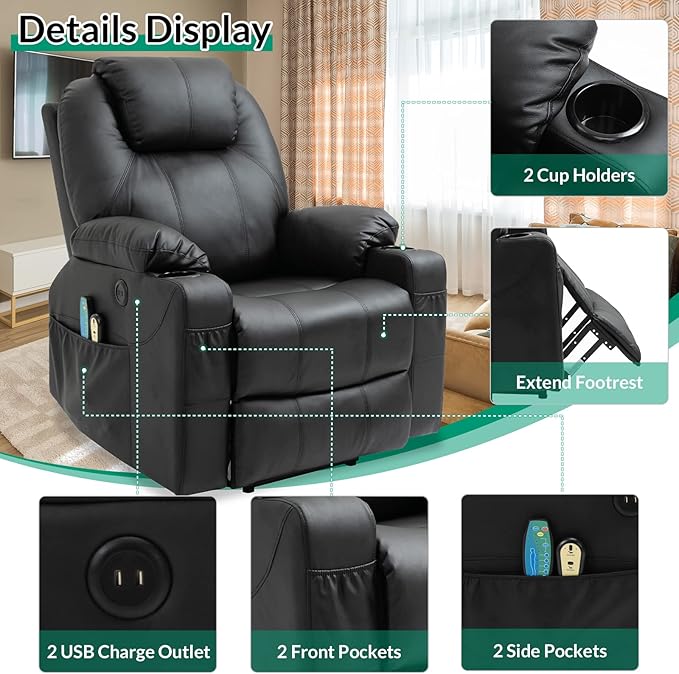 VIVIJASON Power Lift Chair Electric Recliner for Elderly Heated Vibration Massage Faux Leather Recliner Chair with 2 Remote Controls Cup Holders Side Pockets &amp USB Ports for Living Room (Black)