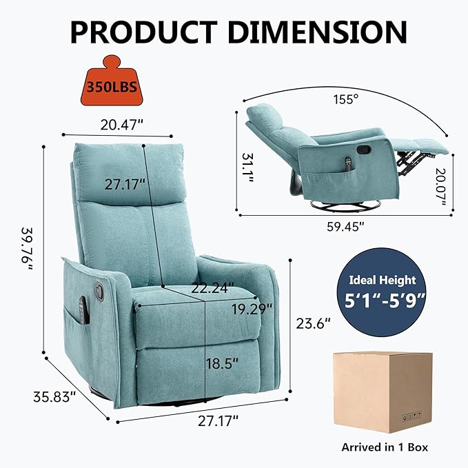 Rocking Recliner Chair with Heat and Massage 360° Swivel Glider Rocker with Reclining Backrest and Footrest Modern Nursery Rocking Chairs for Adults for Bedroom Living Room Office (Blue-Green)