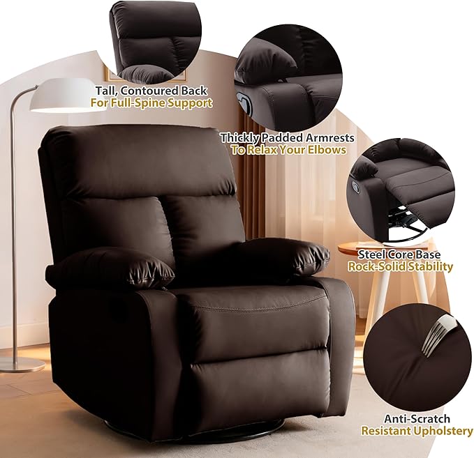 Rocking Recliner 360° Swivel Recliner Chairs for Adults Small Rocker Recliners for Small Spaces Living Room Bedroom Nursery RV Brown