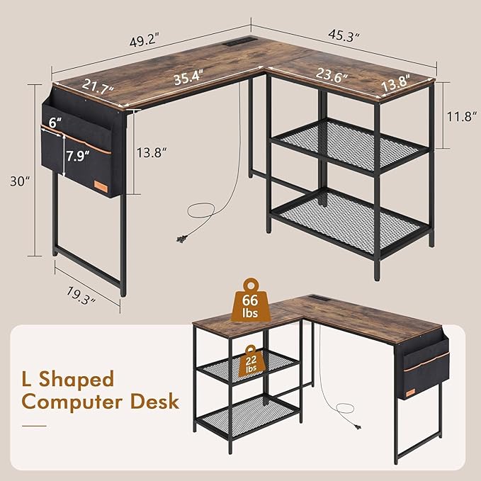VECELO L Shaped Computer Desk 49 Inch Writing Study Corner Gaming Table with Storage Shelves and Side Bag for Home Office Workstation