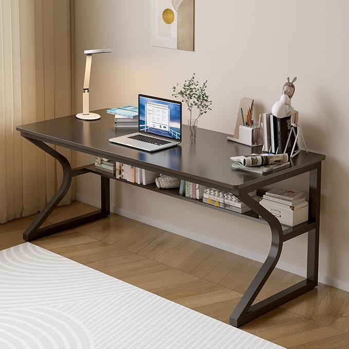 Extra Long Desk with Bookshelf - 55 Double Long Writing Table for 2-Person Workstation Modern Study Work Computer Desk for Home and Office Black