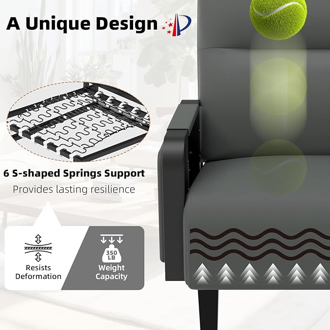Upholstered Faux Leather Accent Chair Set of 2 Armchair with Tray Table Comfy Reading Chair for Living Room Bedroom Guest Room Gray