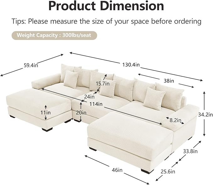 130 Corduroy Sectional Couches for Living Room Beige Comfortable Oversized Sectional Sofa Set with Deep Seat Large 3 Seater Couch with 2 Ottoman Sofas para Sala U Shaped Couch with Chaise Lounge