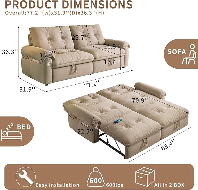 77 Queen Size Sleeper Sofa Bed Convertible Pull Out Couch with Velvet Fabric 3-in-1 Loveseat L Shaped Couch Bed with Adjustable Backrest Side Pocket &amp USB Ports for Living Room Apartment