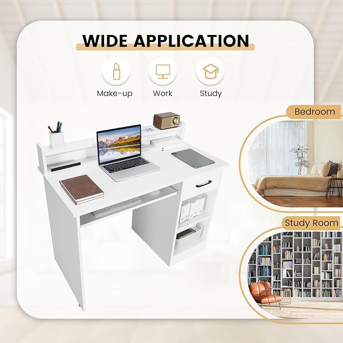 GOFLAME White Computer Desk Home Office Desk with Large Drawers Hutch Keyboard Tray 5-Position Adjustable Open Shelves Easy Assembly Writing Desk for Bedroom Small Space Living Room White