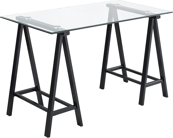 OSP Home Furnishings Middleton 47 Inch Desk with Clear Beveled Glass Top Black Base