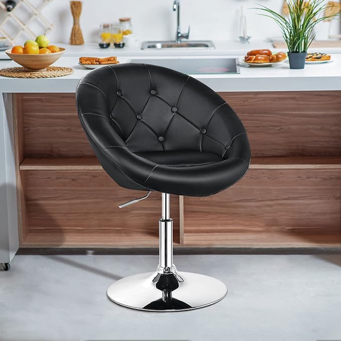 Giantex Vanity Height Adjustable Makeup Tufted Round Back Bar Chrome Frame Leather Modern Swivel Accent Chairs Black