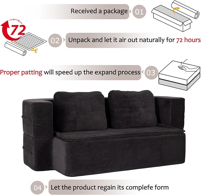 Folding Sofa Bed 78.7 Extra-Long Convertible Sofa Bed with 2 Pillows &amp Blanket 14.6 Thick High-Density Foam Boneless Couch for Bedroom Living Room Apartment Black
