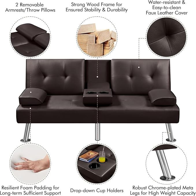 Convertible Futon Sofa Bed PU Leather Modern Couch Loveseat Sleeper Folding Daybed Guest Bed Removable Armrests 2 Cup Holders Metal Legs (Brown)