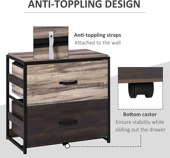 Wide 2-Drawer Lateral File Cabinet with Adjustable Metal Hanging Bars for A4 Letter &amp Legal Files Rustic Wood and Steel Storage Organizer for Home Office Anti-Tip Design